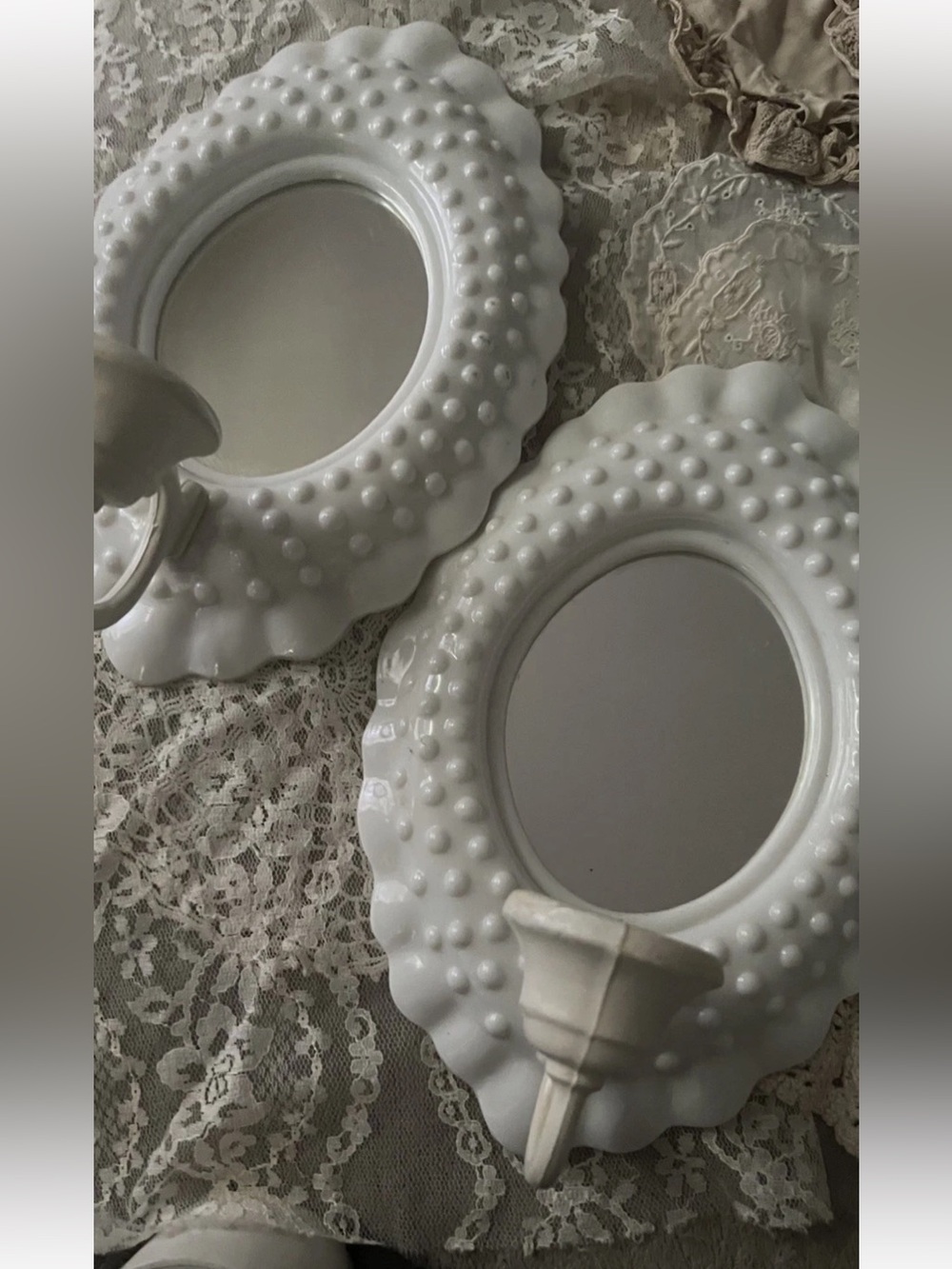 VTG Burwood White &Hobnail Sconce Mirror Flameless Candle Holder, 10x6.5”, 2p